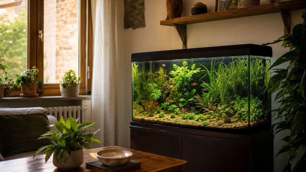 Acquario con acqua limpida e pesci tropicali colorati