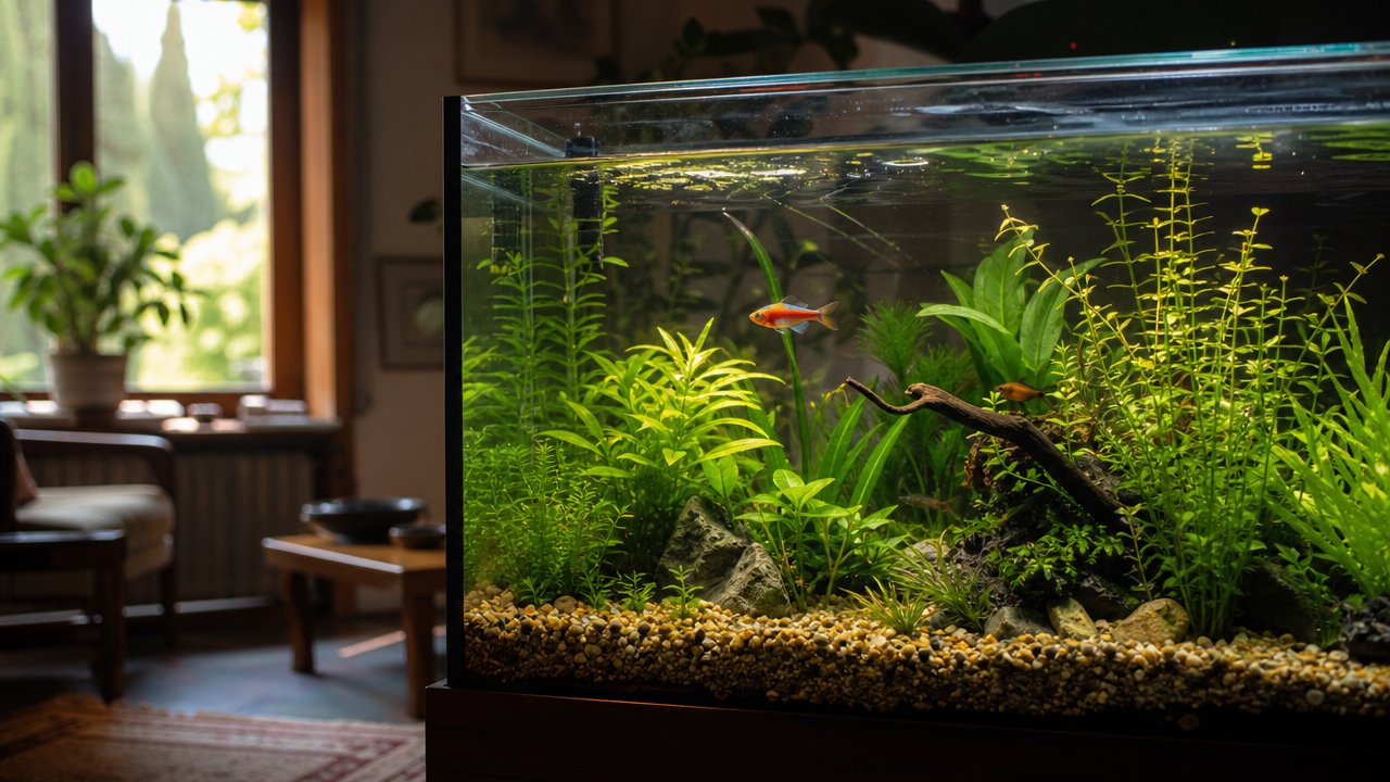 Acquario con piante verdi sane e pesci tropicali, vetro pulito