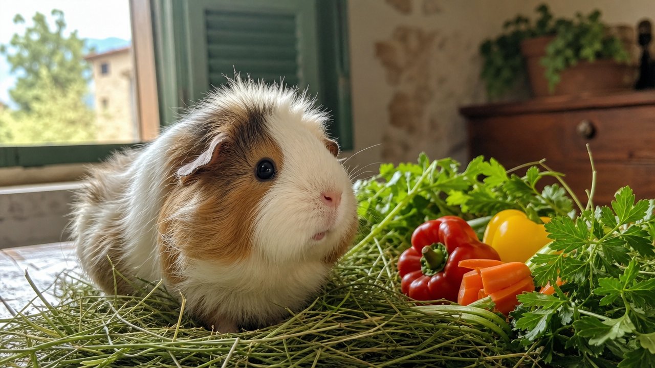 Porcellino d'India tra il fieno con verdure fresche