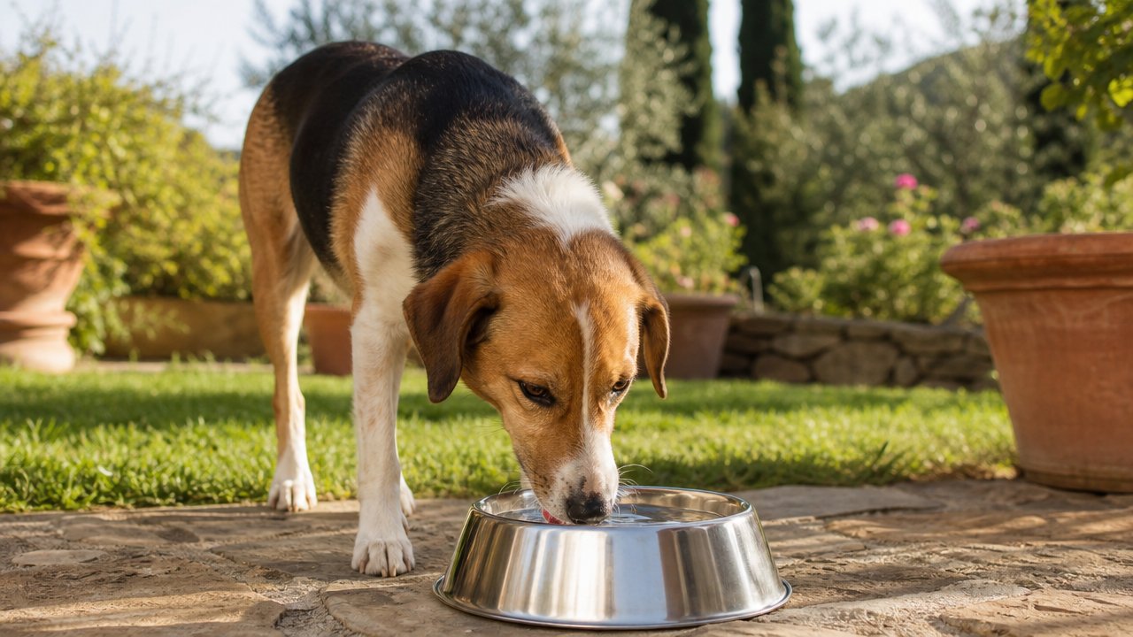 Cane che beve acqua da una ciotola in giardino alla luce del sole