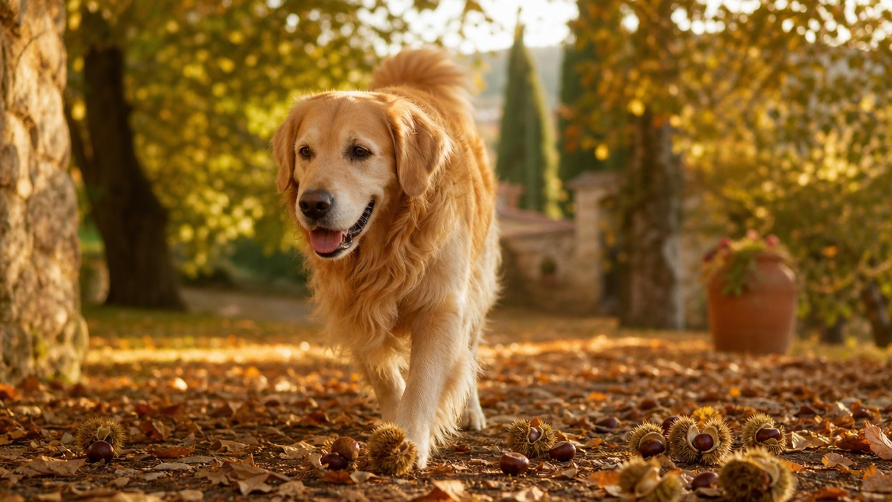 Cane golden retriever che passeggia tra foglie, ricci e castagne in un giardino autunnale