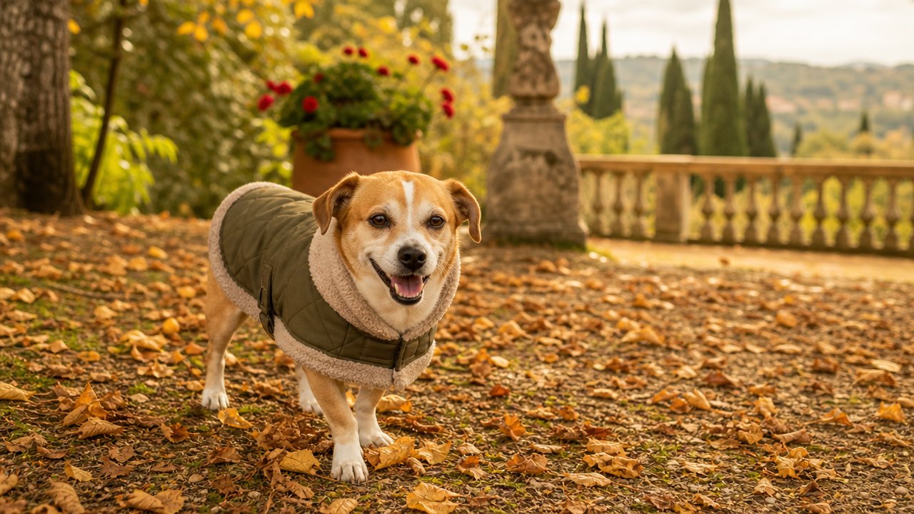 Cane di piccola taglia con cappottino in un giardino in autunno