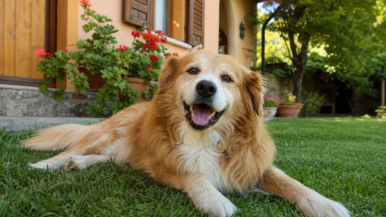 Cane sereno sdraiato su un prato in giardino, luce naturale