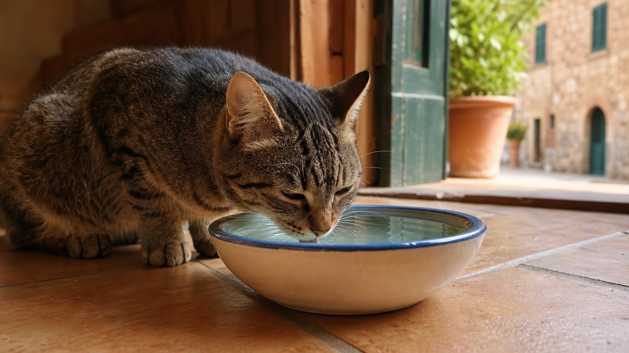Gatto tigrato che beve acqua da una ciotola larga su un pavimento in cotto