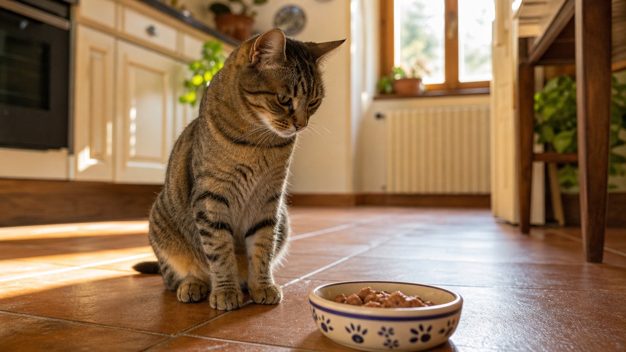 Gatto soriano che fiuta con diffidenza una ciotola di cibo su un pavimento di cucina