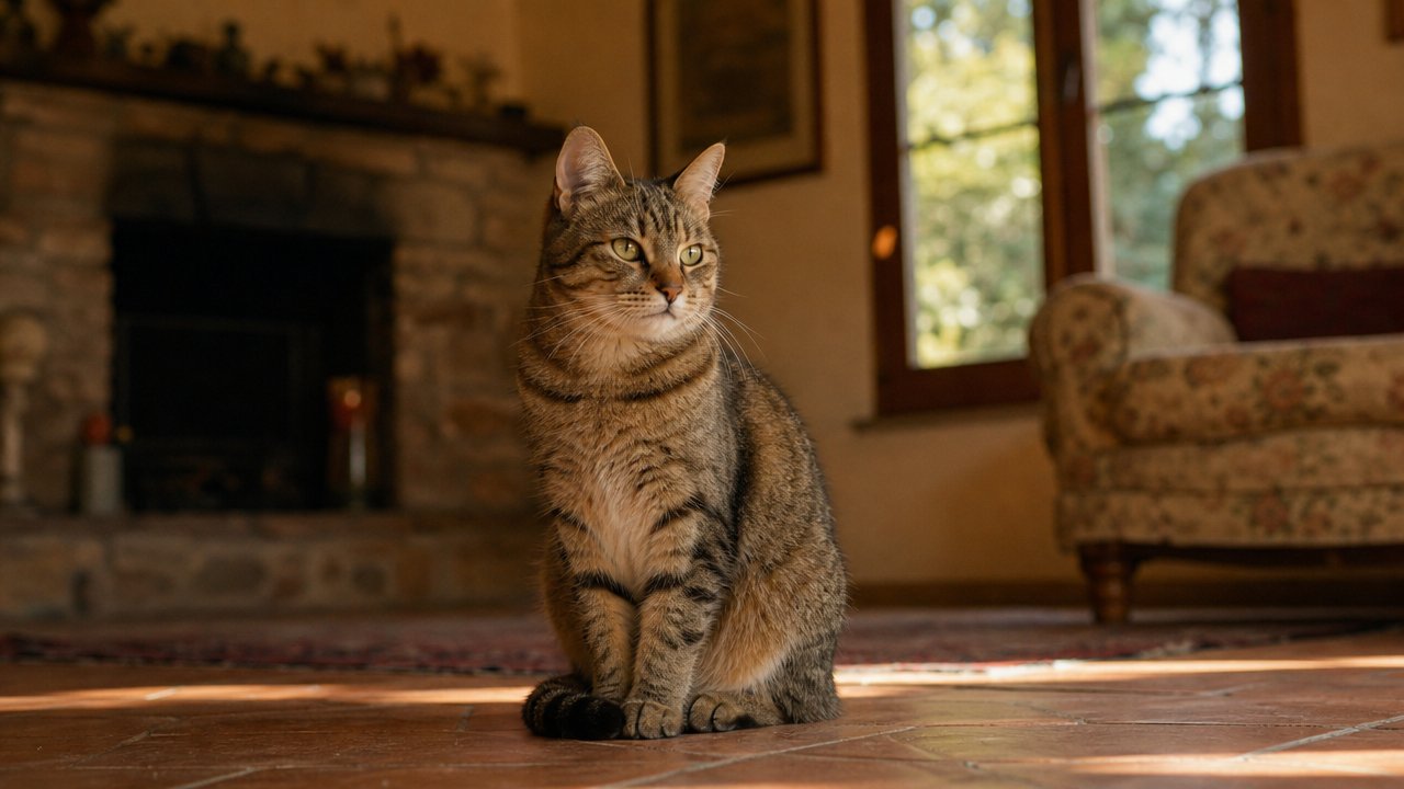 Gatto bianco e grigio seduto e sereno su un pavimento di casa, luce naturale