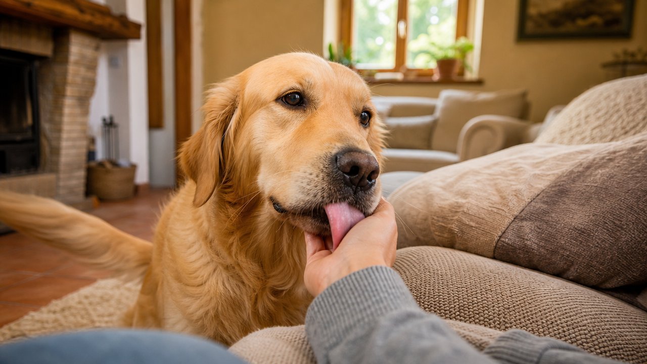 Cane che lecca affettuosamente la mano del padrone sul divano