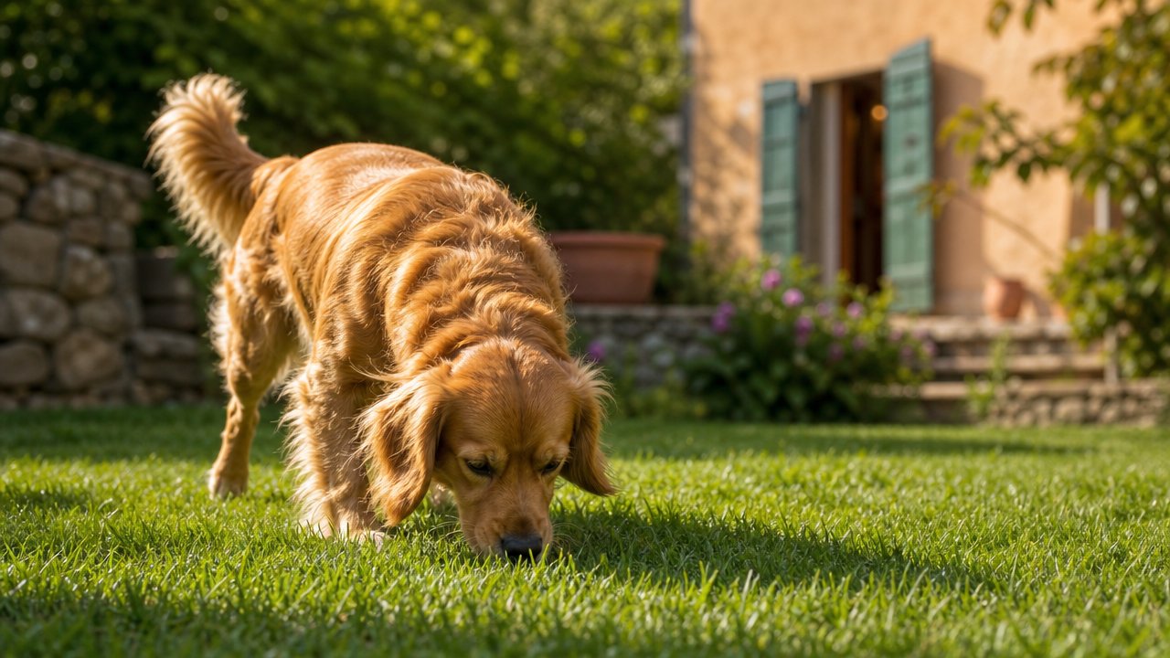 Cane che annusa l'erba in un giardino