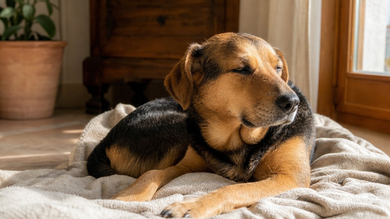 Cane tranquillo avvolto in una coperta in casa