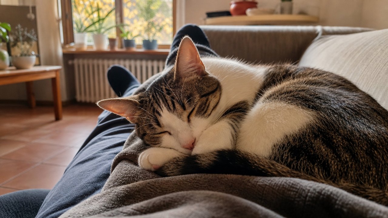 Gatto sereno che dorme rannicchiato sulle gambe di una persona su un divano