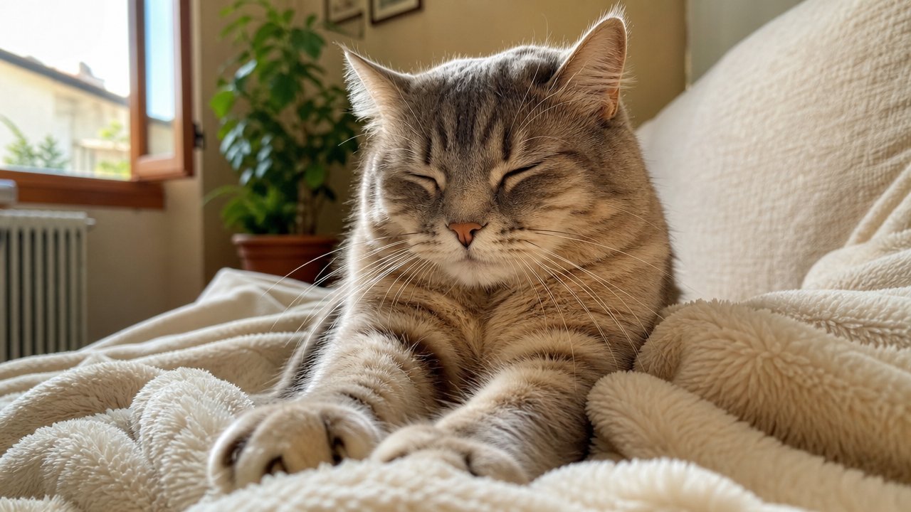 Gatto che impasta una coperta morbida con le zampe
