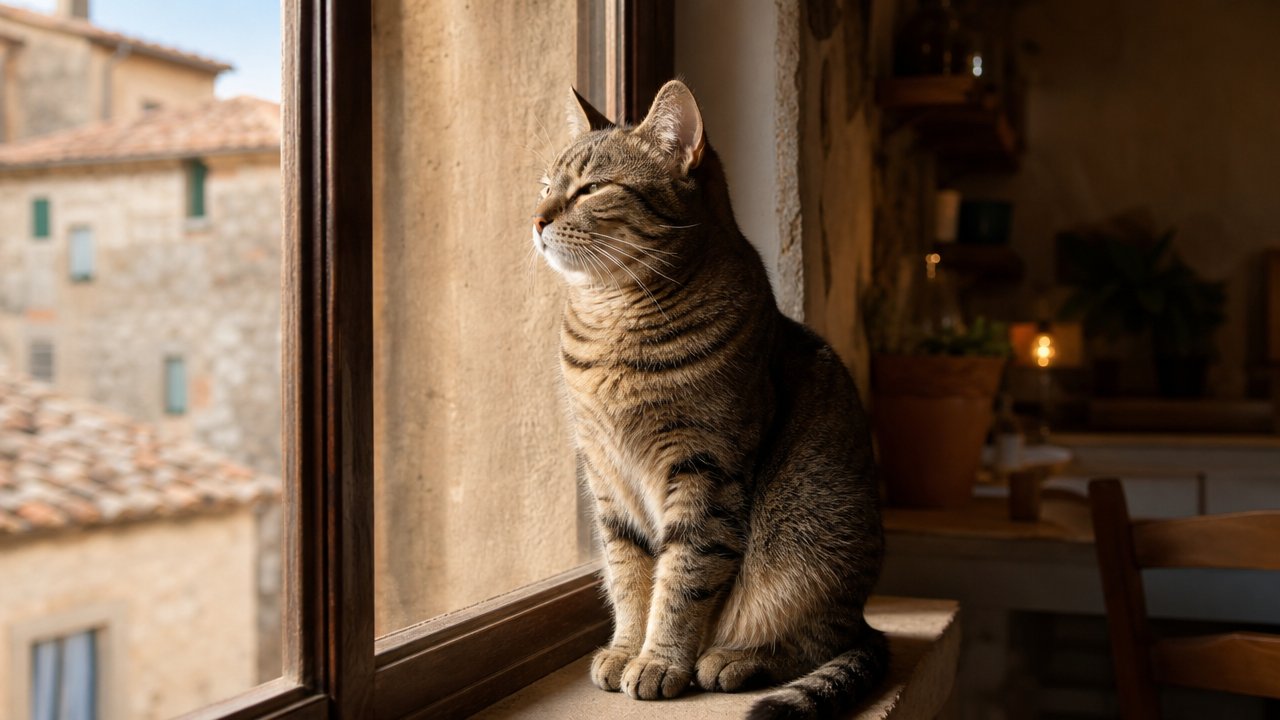 Gatto sereno seduto vicino a una finestra in una casa italiana illuminata dalla luce naturale