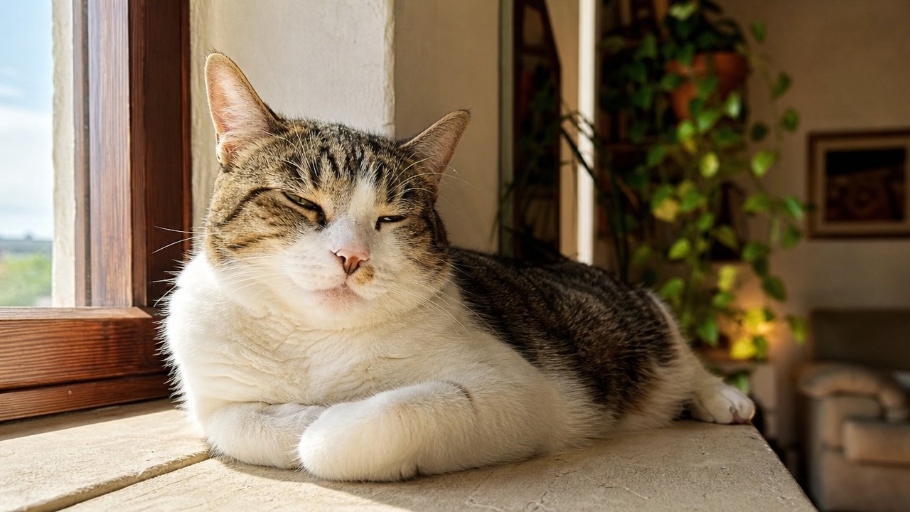 Gatto sereno sdraiato su un divano in una casa illuminata dalla luce naturale