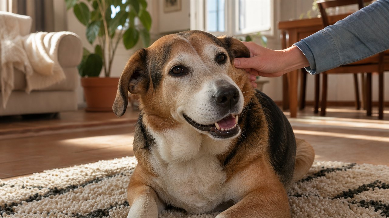 Cane sereno su un tappeto in un salotto luminoso