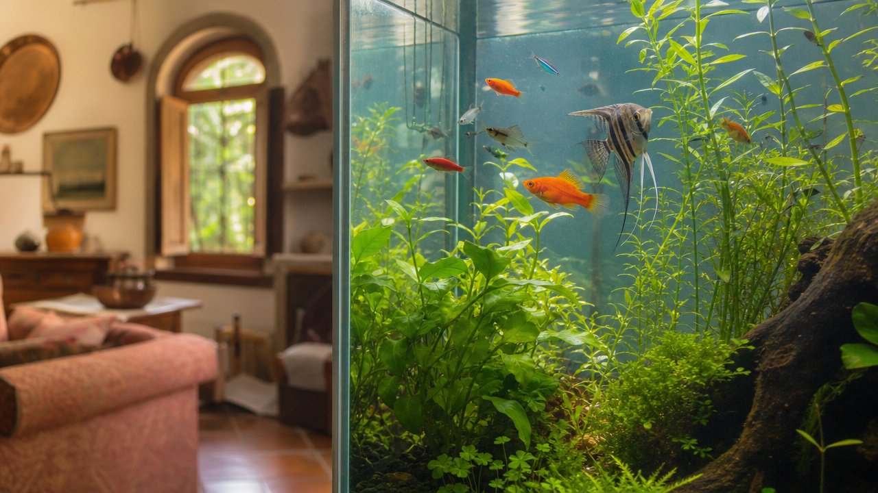 Pesci tropicali sani in un acquario con acqua limpida